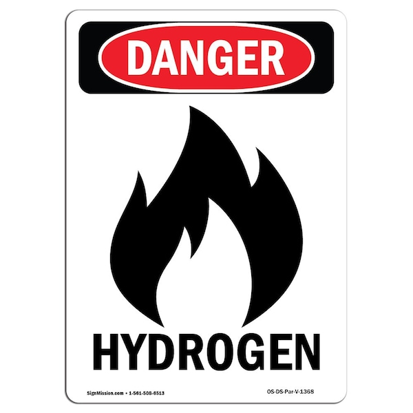 Safety Sign, OSHA Danger, 5" Height, Hydrogen, Portrait, 10PK